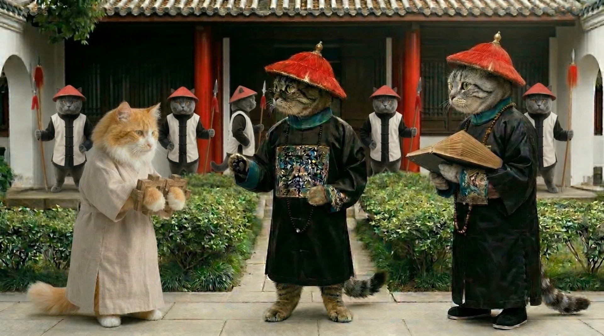 清代庭院中身穿官服的拟人猫角色